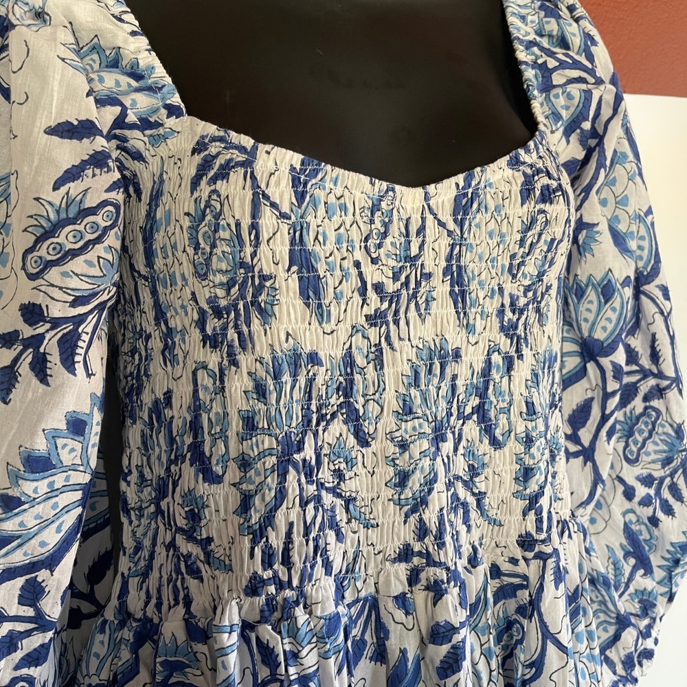 GROWKRATI Smocked Maxi Dress‎ Blue White Floral Print Square Neck Puff Sleeve M - Picture 5 of 8